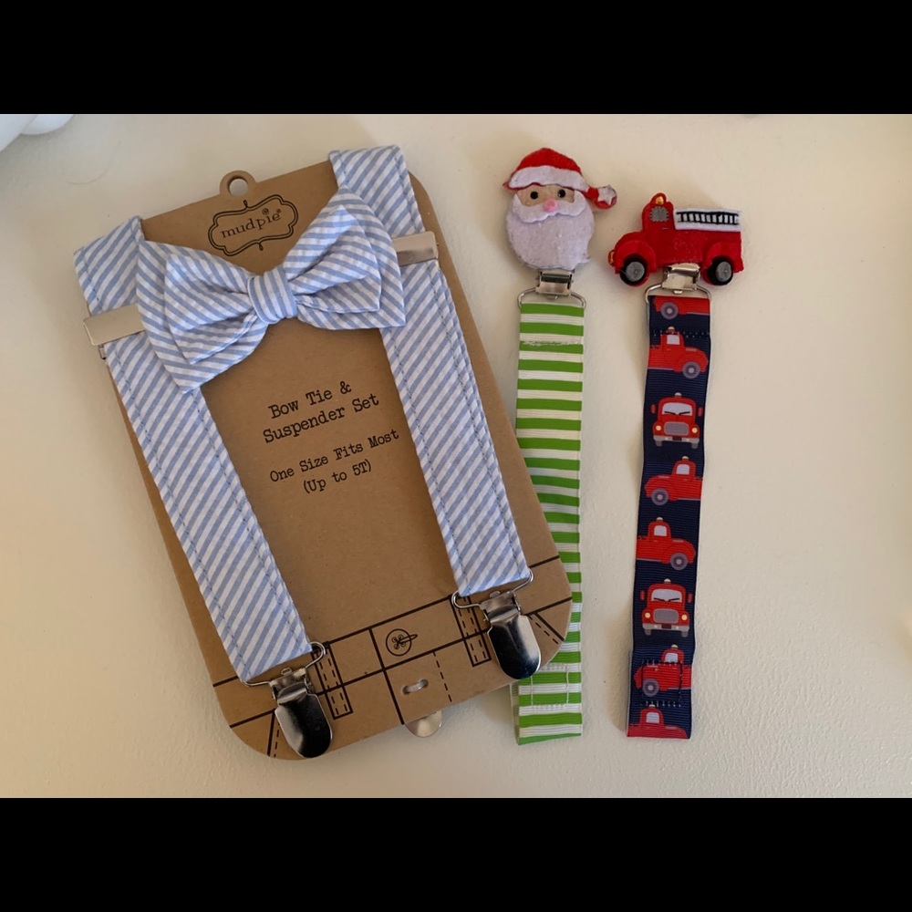Mud pie bundle - paci clips, bow tie suspender set